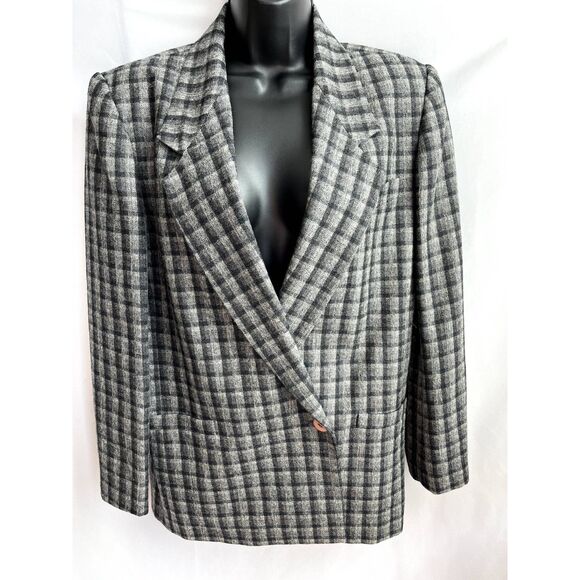 Vintage Michelle Stuart 100% Wool Grey Plaid Checkered Blazer Sz 8 Career Office - Picture 1 of 10